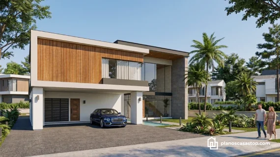 Fachada de dos niveles con revestimiento de madera y cristales amplios en estos planos de casa moderna nogal con cochera.