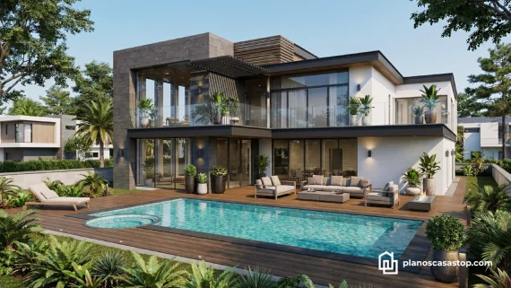 Render exterior de planos de casa moderna nogal con piscina, fachada de piedra y amplios ventanales en dos niveles.