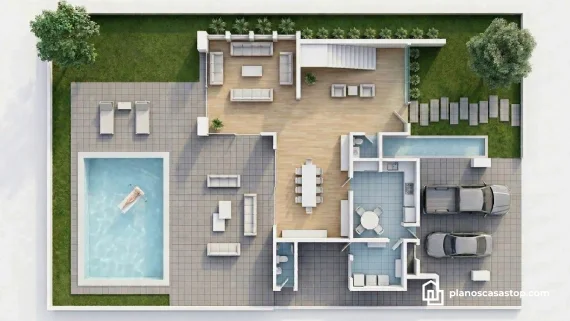 Vista aérea de planos de casa moderna nogal con piscina, áreas sociales amplias y acabados en madera de lujo.