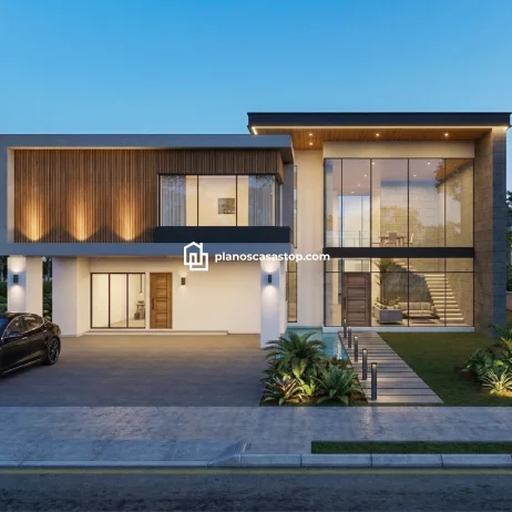 Planos de casa moderna nogal: Elegancia y Vanguardia Fachada de lujo con amplios ventanales y detalles en madera, inspirada en planos de casa moderna nogal con iluminación cálida.