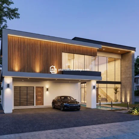 Planos de Casa Moderna Nogal con Diseño de Vanguardia Fachada de dos niveles con iluminación LED, ventanales amplios y acabados de madera, inspirada en planos de casa moderna nogal.