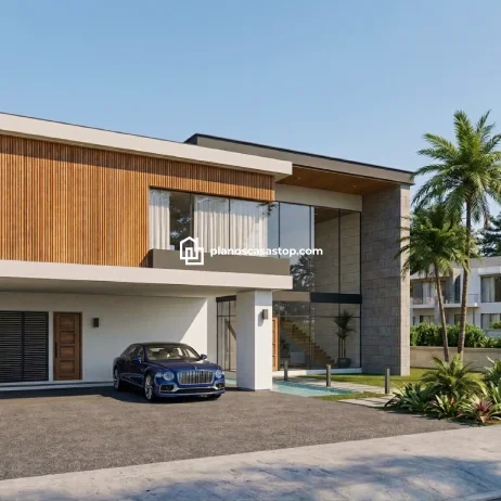 Diseño y Planos de Casa Moderna Nogal con Estilo Luxury Fachada con planos de casa moderna nogal, ventanales amplios, acabados en piedra y madera elegante en dos niveles.