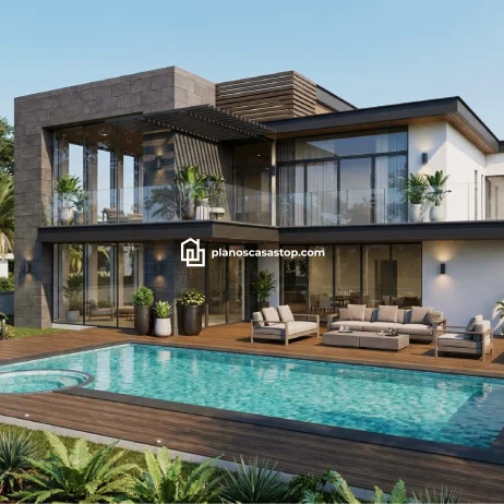 Diseño y Planos de Casa Moderna Nogal con Gran Piscina Render de fachada con piscina y acabados en piedra de estos planos de casa moderna nogal con amplios ventanales.