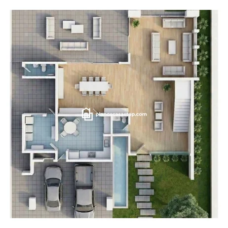 Planos de Casa Moderna Nogal con Piscina y Garaje Doble Vista aérea de planos de casa moderna nogal con piscina, áreas sociales amplias, garaje doble y acabados en madera de lujo.