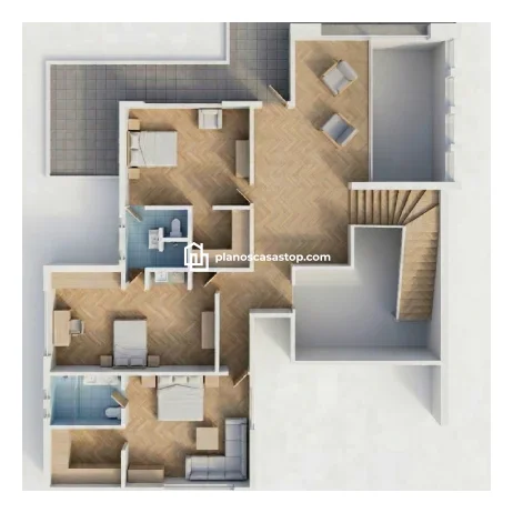 Planos de Casa Moderna Nogal: Distribución de 3 Habitaciones Vista aérea 3D de planos de casa moderna nogal con tres dormitorios, baños con acabados azules y suelos de madera elegante.