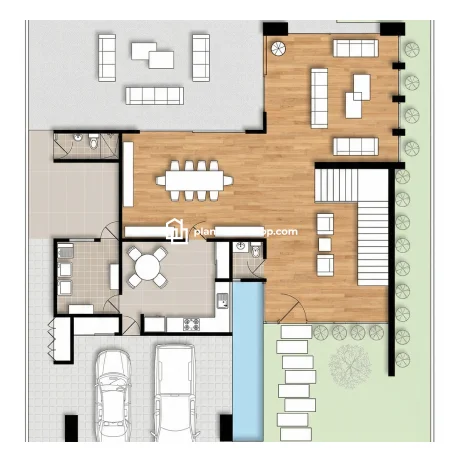 Planos de casa moderna nogal: Diseño de planta abierta Vista superior de los planos de casa moderna nogal con distribución de sala, comedor, cocina, garaje doble y áreas verdes.
