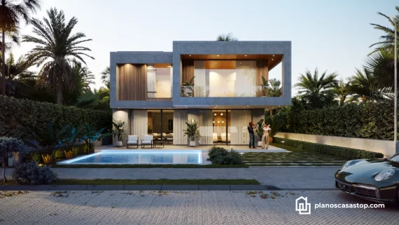 Render de planos de casa moderna Vallarta con dos niveles, fachada de concreto, alberca iluminada y diseño minimalista tropical.