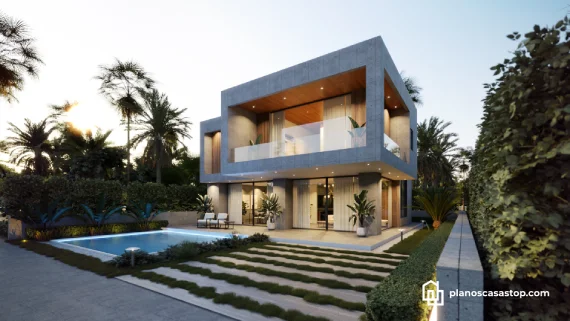Render exterior de planos de casa moderna Vallarta con fachada de concreto, piscina iluminada y diseño minimalista de dos niveles.