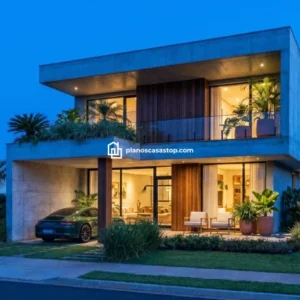 Fachada de dos niveles en concreto y madera según los planos de casa moderna ca86 con iluminación cálida y vegetación.