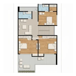 Plano detallado de distribución interior para planos de casa moderna ca86 con tres dormitorios y amplia terraza.