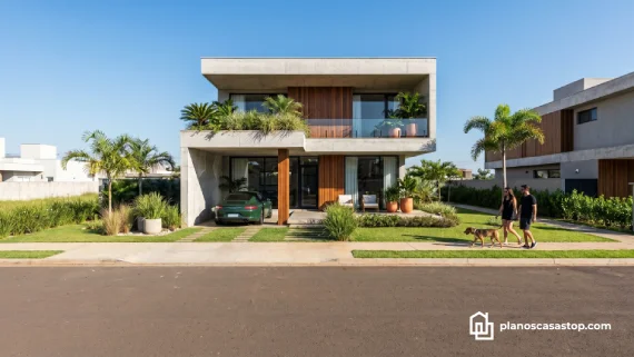 Fachada de concreto y madera basada en los planos de casa moderna ca86 con jardín tropical y balcón.