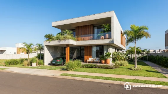 Fachada de dos niveles en concreto y madera basada en los planos de casa moderna ca86 con vegetación tropical.