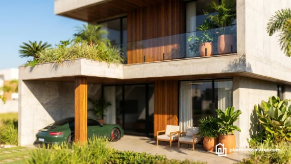 Fachada de hormigón y madera según los planos de casa moderna ca86, con terraza integrada y vegetación tropical.