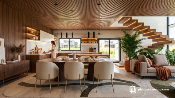 Interior de madera y mármol basado en los planos de casa moderna ca86 con cocina abierta y escalera flotante.