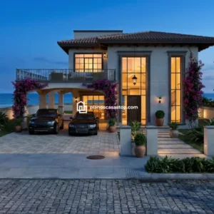 Fachada de lujo basada en planos de casa colonial jazmín con bugambilias y vista al mar al atardecer.