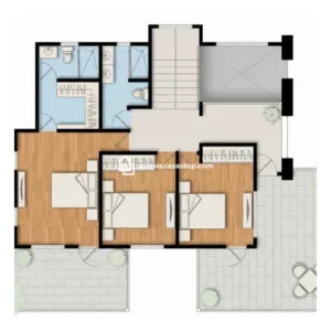 Planos de casa colonial jazmín con tres dormitorios, acabados en madera, baños modernos y amplia terraza exterior.