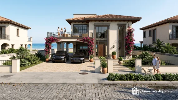Render de fachada basado en los planos de casa colonial jazmín con terrazas, bugambilias y vista al océano.