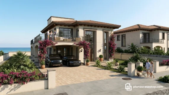 Render de planos de casa colonial jazmín con terraza frente al mar, techos de teja y bugambilias.