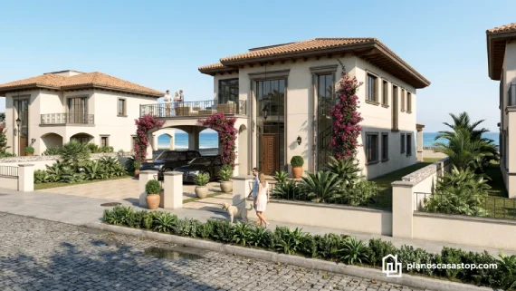 Fachada de planos de casa colonial jazmín con techos de teja y bugambilias frente al mar.