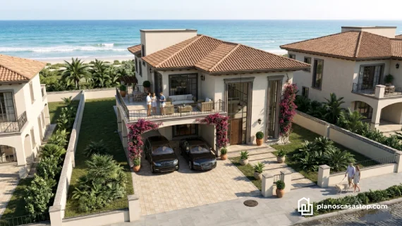 Visualización de los planos de casa colonial jazmín frente al mar con techos de teja y amplias terrazas soleadas.