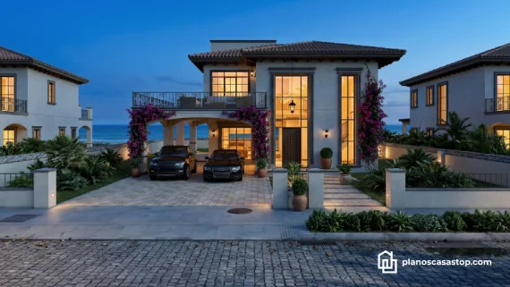 Fachada de los planos de casa colonial jazmín con iluminación nocturna, balcón y bugambilias frente al mar.