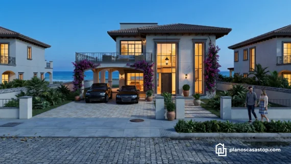 Fachada de planos de casa colonial jazmín con ventanales, bugambilias y vista al mar al atardecer.