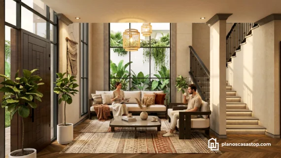 Interior acogedor de sala con techos altos y luz natural, inspirado en los planos de casa colonial jazmín.