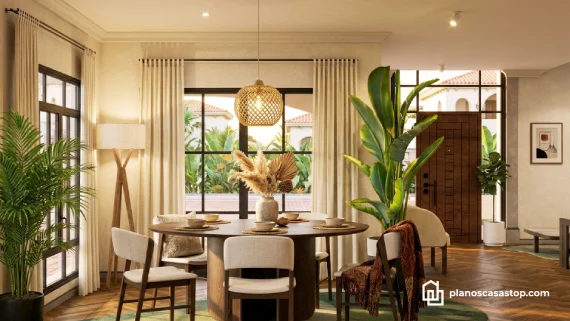 Comedor moderno con luz cálida y vegetación exterior siguiendo los planos de casa colonial jazmín.