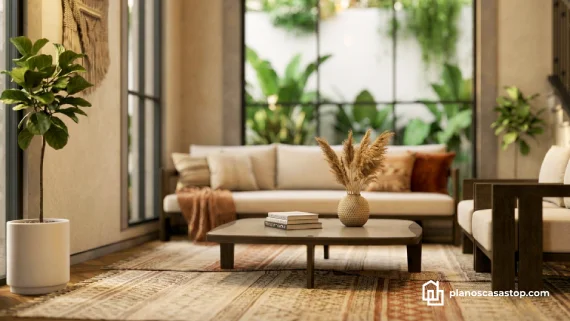 Sala rústica moderna con ventanal al jardín, diseño basado en los planos de casa colonial jazmín.