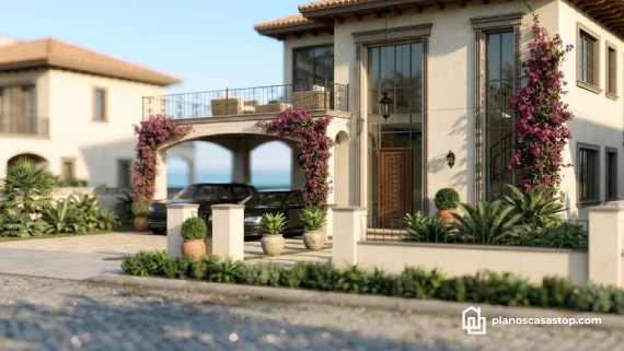 Fachada con bugambilias y terraza de los planos de casa colonial jazmín bajo luz natural cálida.