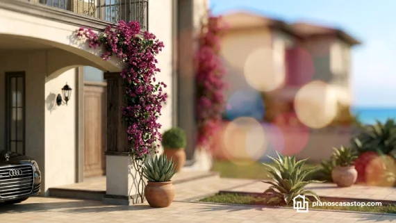 Entrada principal de los planos de casa colonial jazmín con bugambilias moradas, arcos y vegetación en macetas.