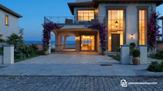 Fachada nocturna de los planos de casa colonial jazmín con arcos elegantes, bugambilias y ventanales de luz cálida.