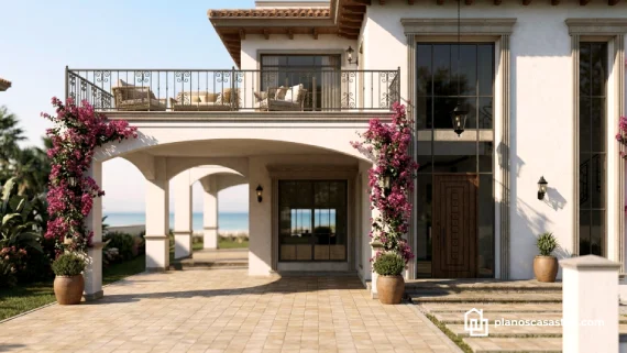 Fachada exterior con arcos, bugambilias y terraza según los planos de casa colonial jazmín frente al mar.