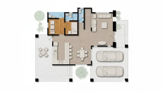 Plano arquitectónico detallado de los planos de casa colonial jazmín con áreas sociales y garaje doble.