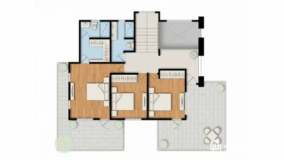 Distribución detallada de planos de casa colonial jazmín con tres dormitorios, baños y amplia terraza exterior.