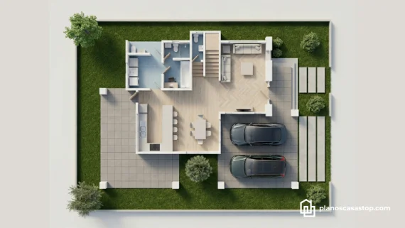 Planta arquitectónica 3D de los planos de casa colonial jazmín con garaje doble, jardín y amplios espacios interiores.