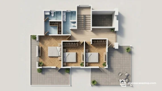 Render 3D de los planos de casa colonial jazmín con tres dormitorios, pisos de madera y amplias terrazas exteriores.