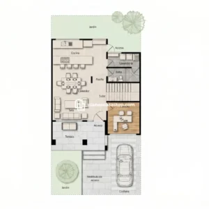 Planta arquitectónica de los Planos de casa 10x20 Roca mostrando sala, comedor, cocina y jardines integrados.