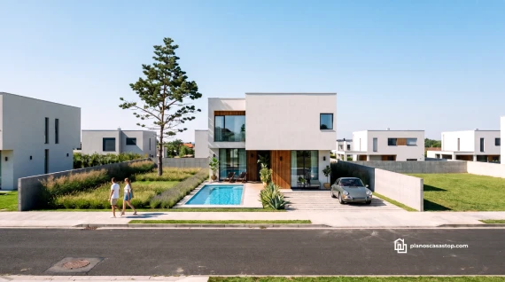Fachada moderna de planos de casa de 2 pisos CBAM con piscina, acabados en madera y diseño minimalista contemporáneo.