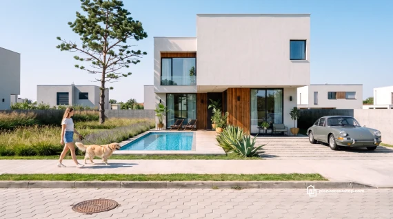 Fachada moderna de los planos de casa de 2 pisos CBAM con piscina, madera y ventanales en un entorno residencial soleado.