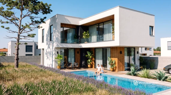 Fachada moderna de planos de casa de 2 pisos CBAM con piscina, acabados en madera y ventanales amplios.