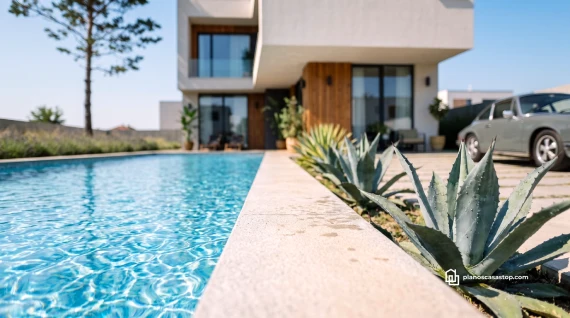 Fachada moderna con piscina y madera siguiendo los planos de casa de 2 pisos CBAM.
