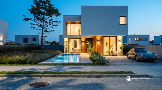 Fachada moderna con piscina y acabados en madera según los planos de casa de 2 pisos CBAM.