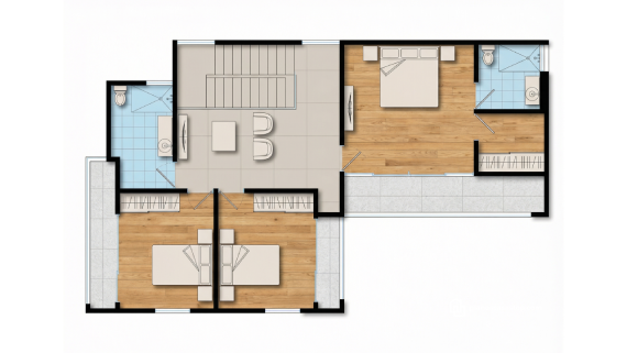 Planta arquitectónica detallada de los Planos de casa de 2 pisos CBAM con tres dormitorios y áreas privadas.