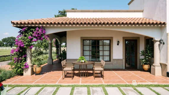 Terraza con buganvilla y tejas de los Planos de casa colonial Girasol, con comedor exterior y columnas de piedra.