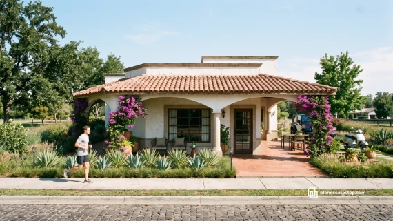 Fachada con arcos y tejas de los planos de casa colonial Girasol con buganvilias y jardín de agaves.