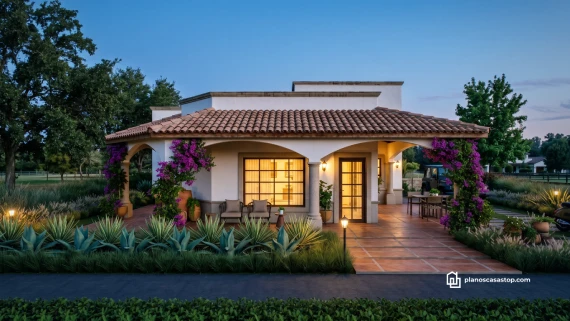 Fachada de los Planos de casa colonial Girasol con tejas de barro, arcos elegantes y jardines de agaves al atardecer.