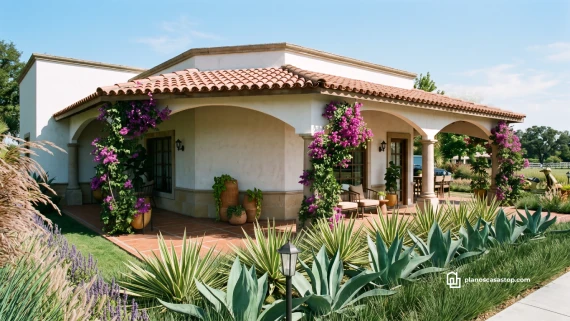 Fachada con pórtico y buganvilias de los Planos de casa colonial Girasol con techos de teja y agaves.