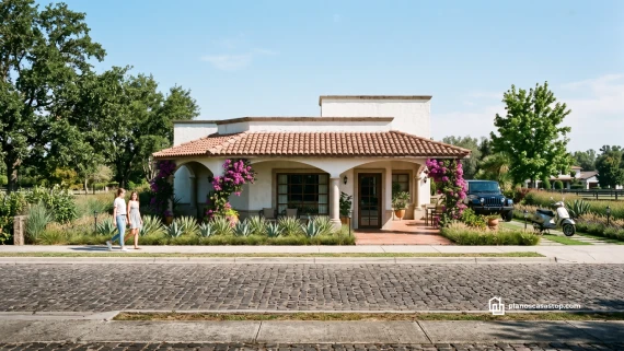 Fachada de arquitectura clásica según los Planos de casa colonial Girasol con arcos, tejas y buganvilias.