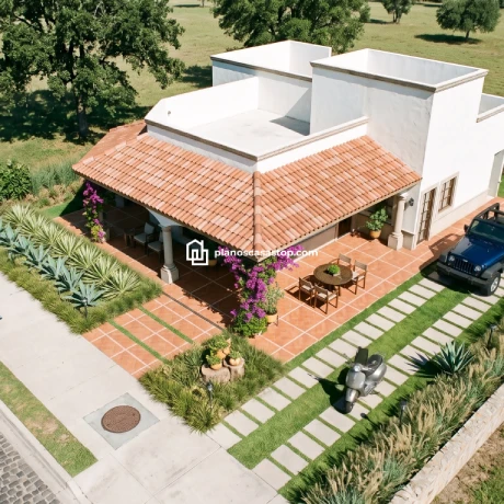 Planos de casa colonial Girasol | Diseño Arquitectónico Vista aérea de los Planos de casa colonial Girasol con techos de teja roja, terraza y jardines mediterráneos.
